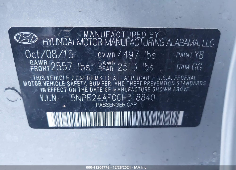 2016 HYUNDAI SONATA SE VIN: 5NPE24AF0GH318840