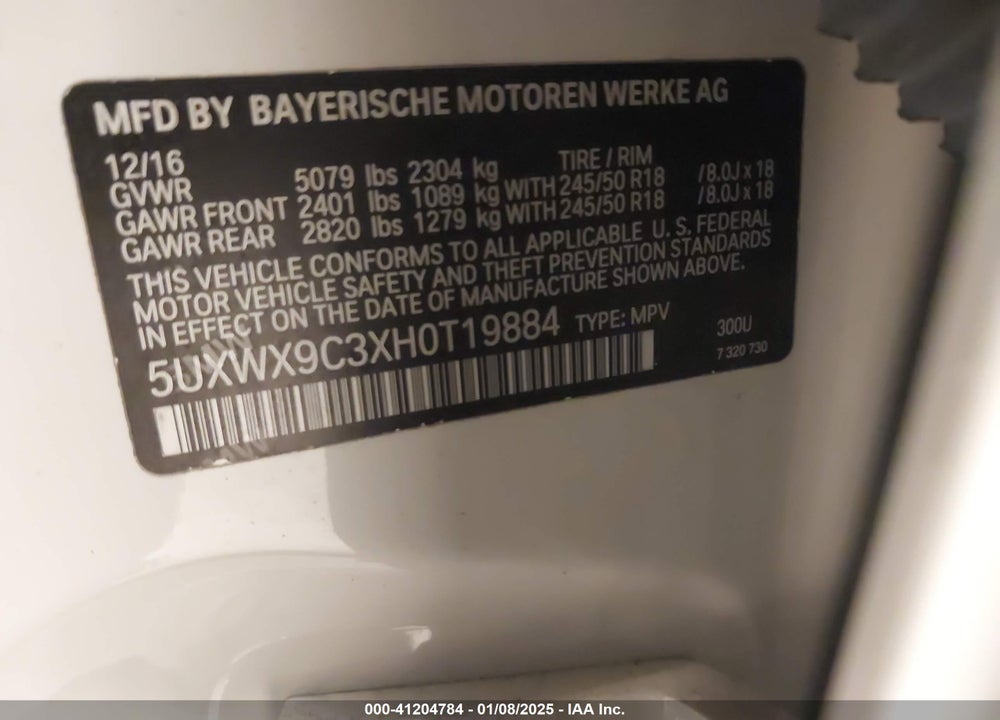 2017 BMW X3 XDRIVE28I VIN: 5UXWX9C3XH0T19884