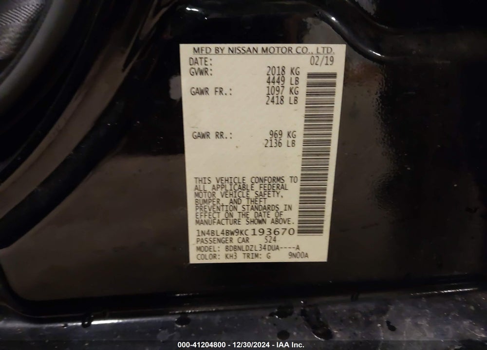 2019 NISSAN ALTIMA VIN: 1N4BL4BW9KC193670