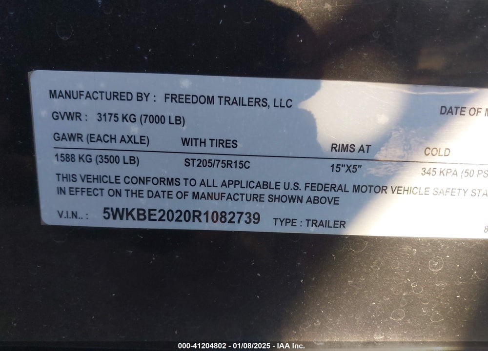 2024 FREEDOM TRAILER VIN: 5WKBE2020R1082739