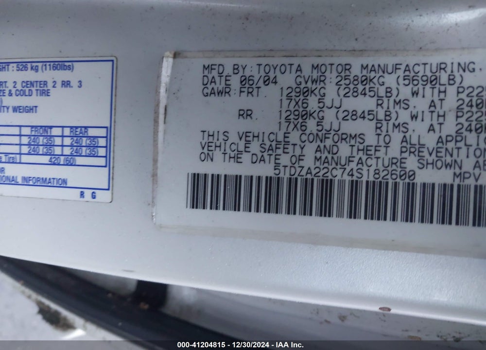 2004 TOYOTA SIENNA XLE VIN: 5TDZA22C74S182600