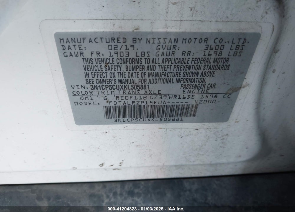 2019 NISSAN KICKS S VIN: 3N1CP5CUXKL505881