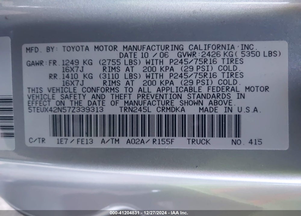 2007 TOYOTA TACOMA VIN: 5TEUX42N57Z339313