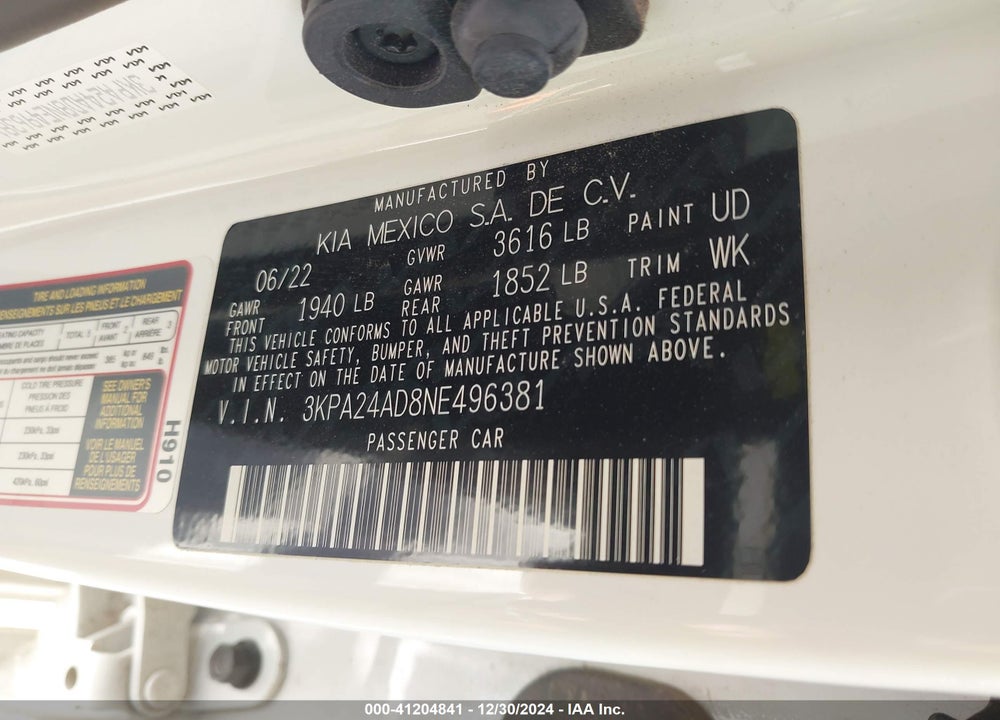 2022 KIA RIO VIN: 3KPA24AD8NE496381