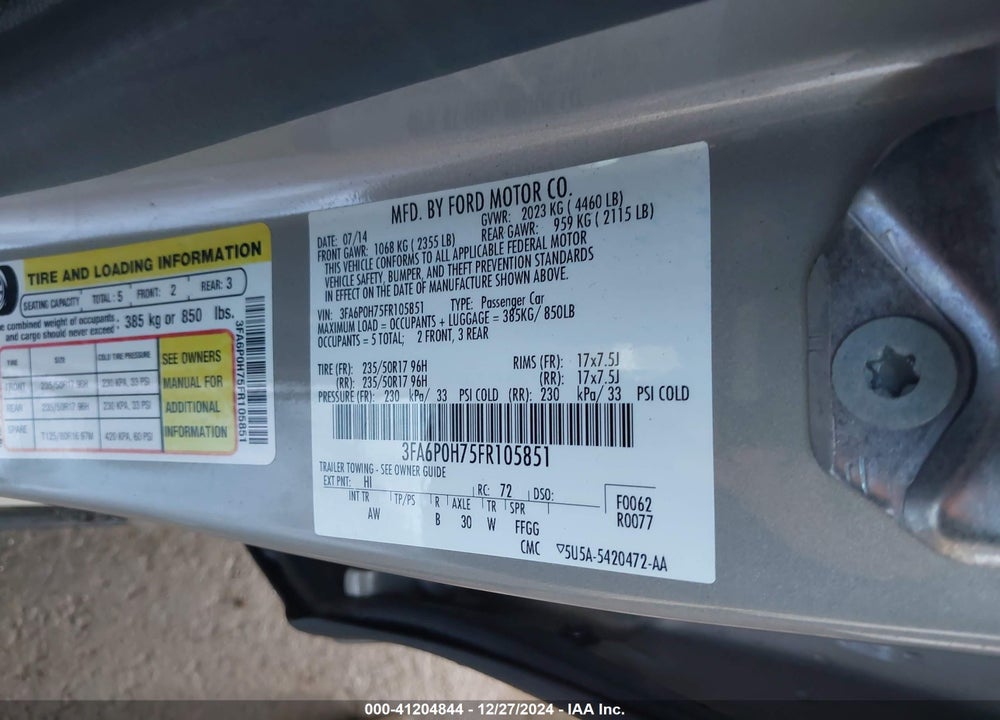 2015 FORD FUSION SE VIN: 3FA6P0H75FR105851