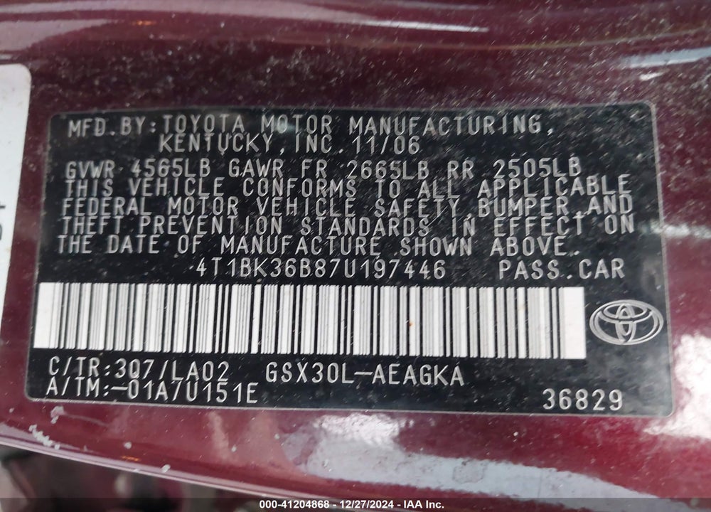 2007 TOYOTA AVALON XLS VIN: 4T1BK36B87U197446