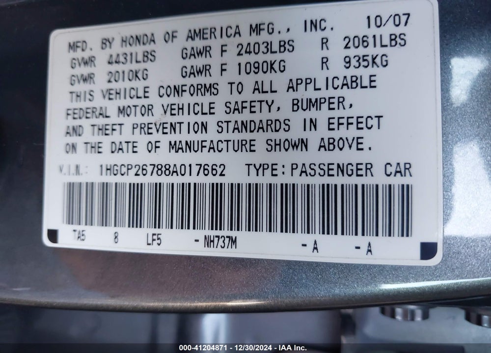 2008 HONDA ACCORD 2.4 EX VIN: 1HGCP26788A017662