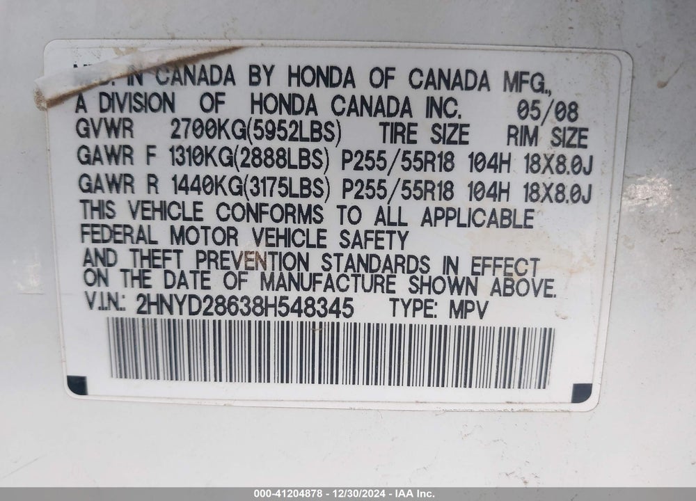 2008 ACURA MDX TECHNOLOGY PACKAGE VIN: 2HNYD28638H548345