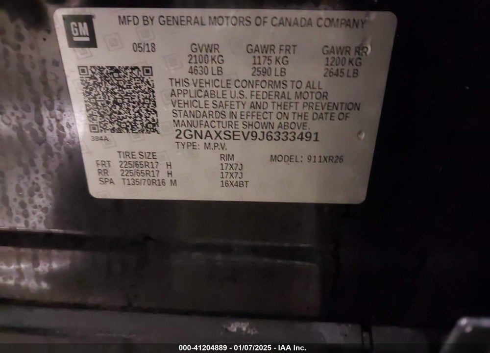 2018 CHEVROLET EQUINOX VIN: 2GNAXSEV9J6333491