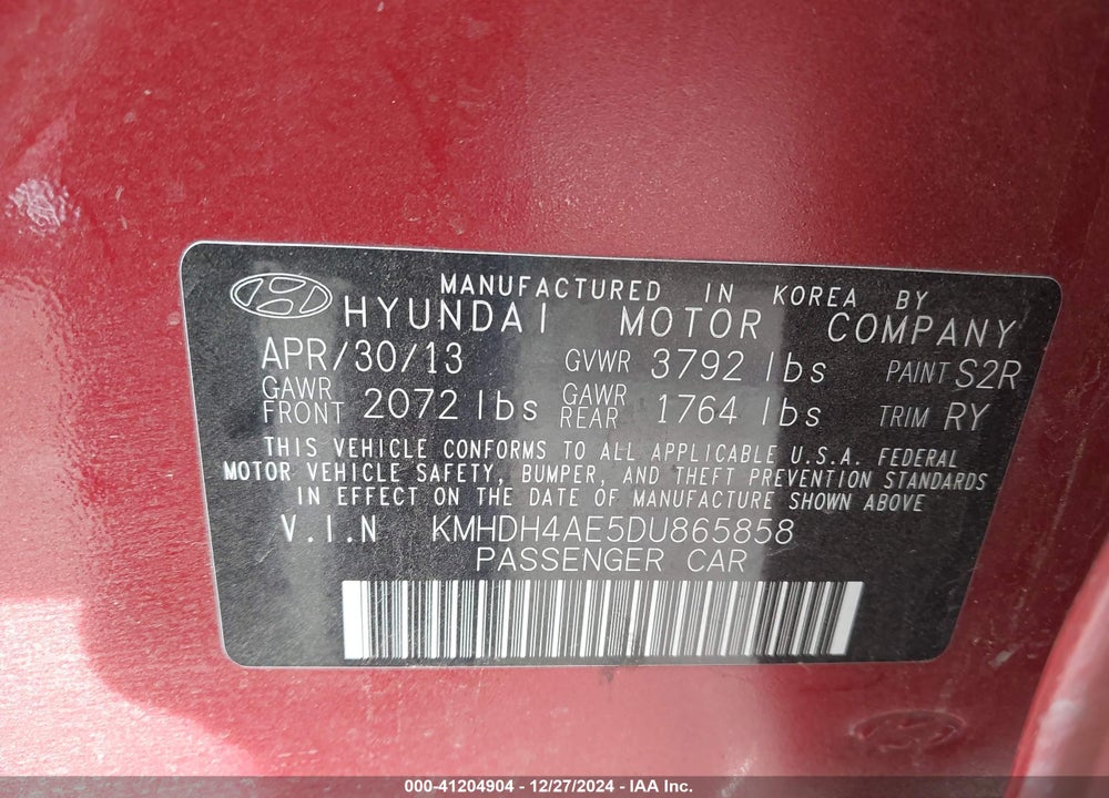 2013 HYUNDAI ELANTRA VIN: KMHDH4AE5DU865858
