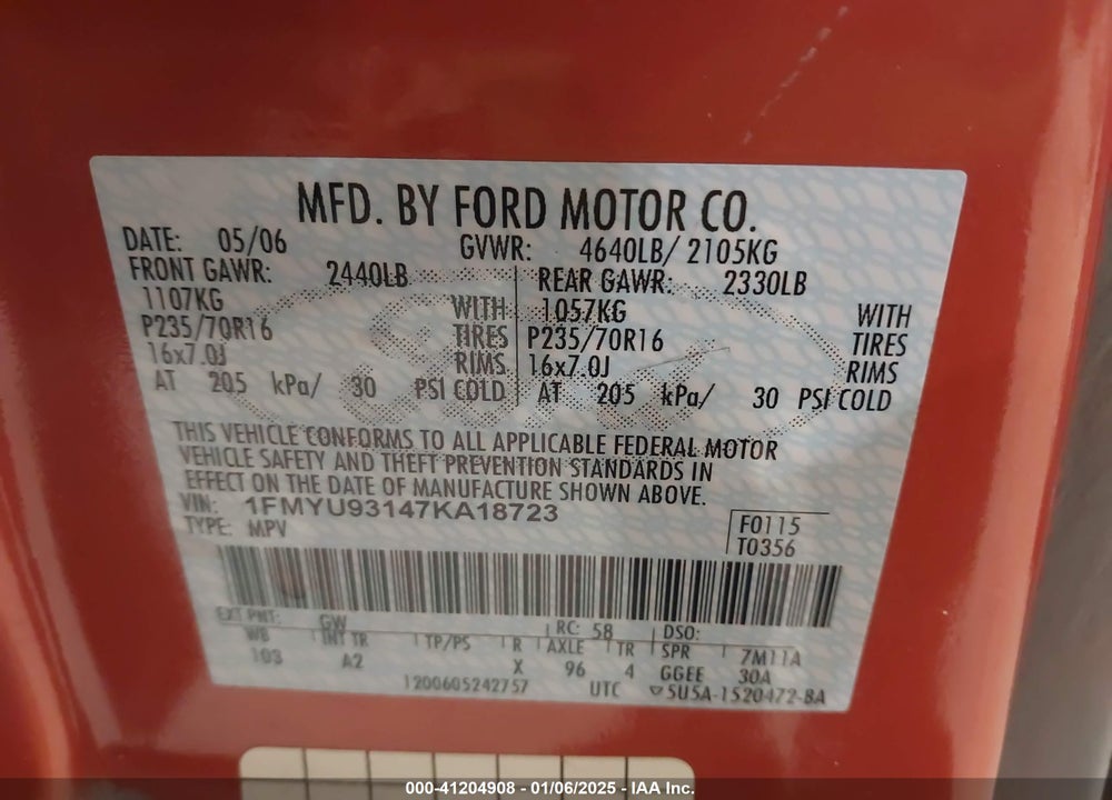 2007 FORD ESCAPE XLT/XLT SPORT VIN: 1FMYU93147KA18723