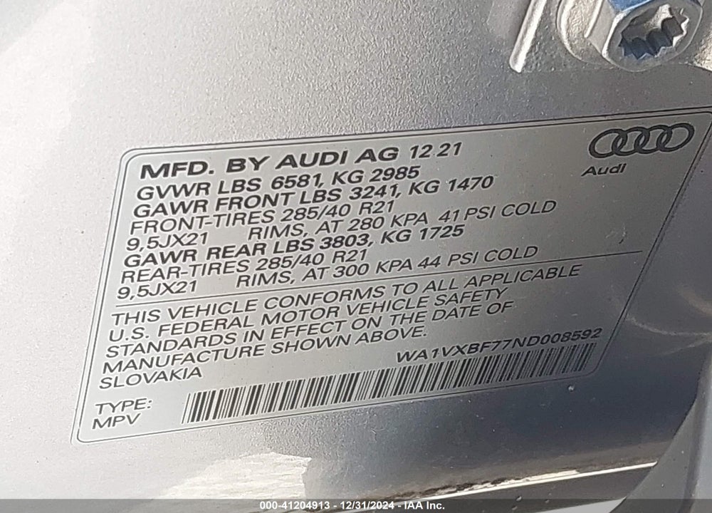 2022 AUDI Q7 PRESTIGE 55 TFSI QUATTRO TIPTRONIC VIN: WA1VXBF77ND008592