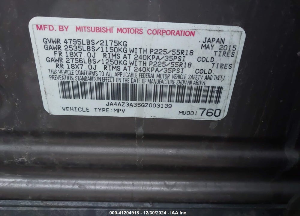 2016 MITSUBISHI OUTLANDER ES/SE/SEL VIN: JA4AZ3A35GZ003139