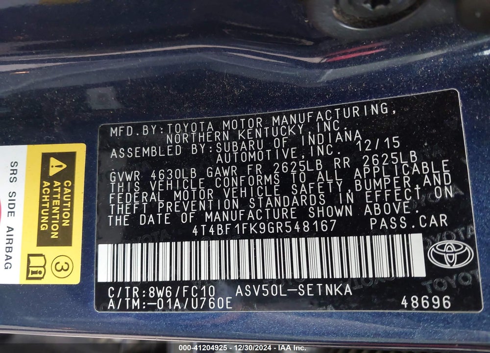 2016 TOYOTA CAMRY LE VIN: 4T4BF1FK9GR548167