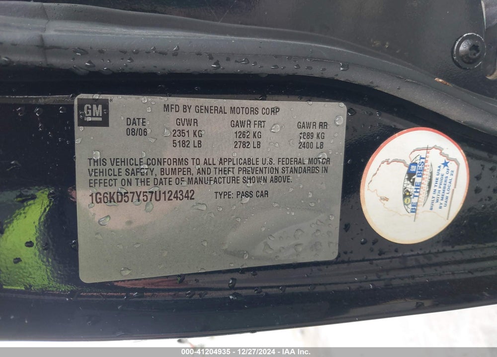 2007 CADILLAC DTS STANDARD VIN: 1G6KD57Y57U124342