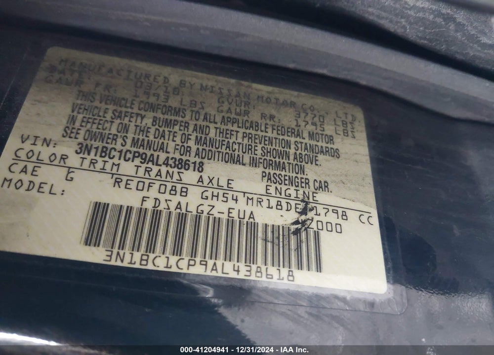 2010 NISSAN VERSA 1.8SL VIN: 3N1BC1CP9AL438618