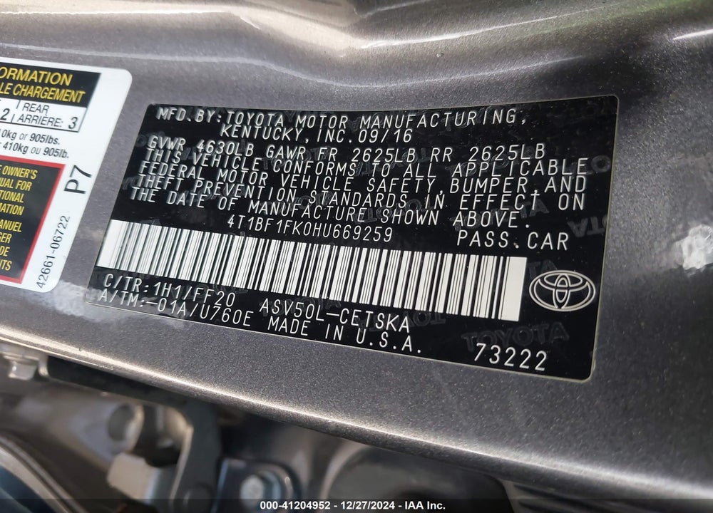 2017 TOYOTA CAMRY SE VIN: 4T1BF1FK0HU669259