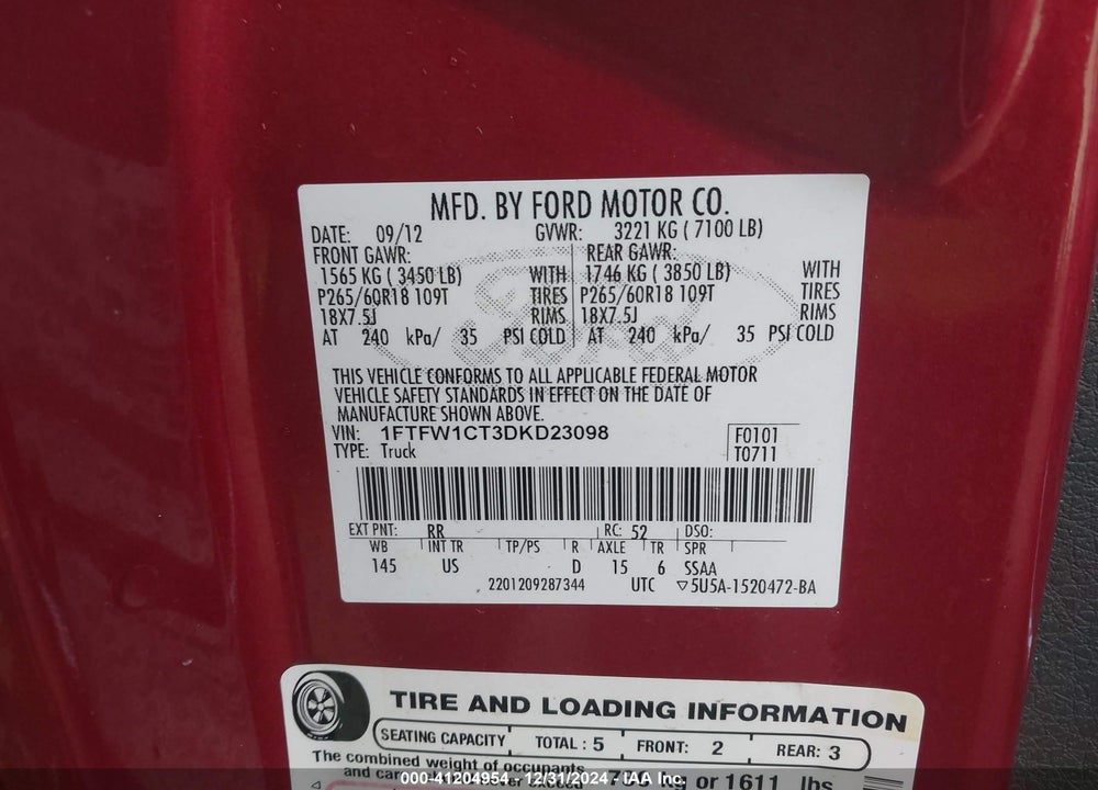 2013 FORD F-150 XLT VIN: 1FTFW1CT3DKD23098