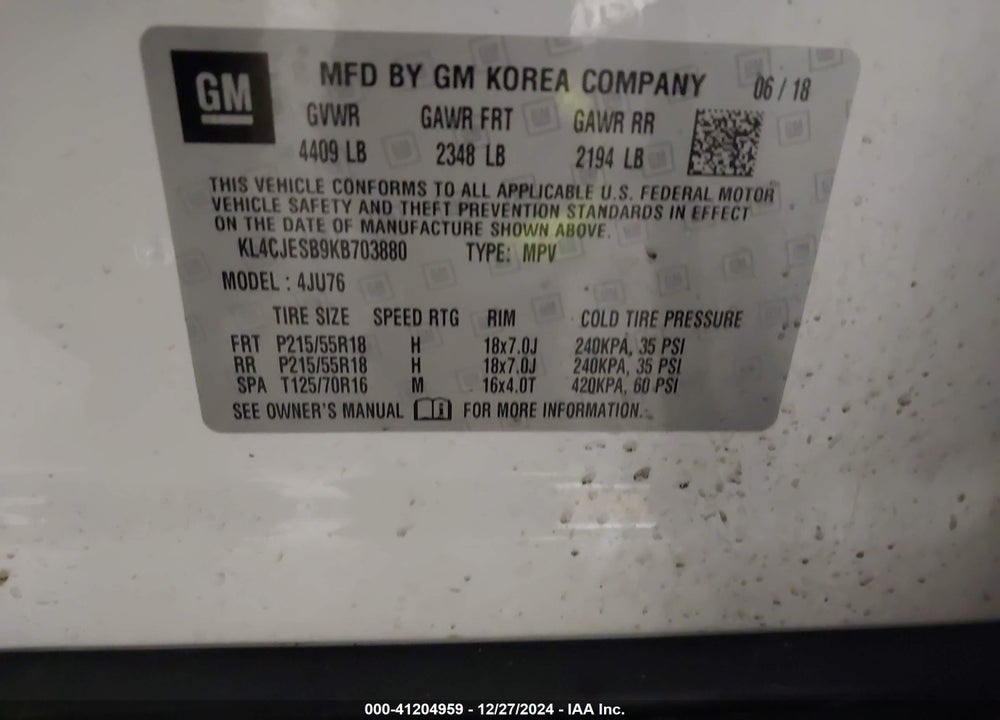 2019 BUICK ENCORE AWD PREFERRED VIN: KL4CJESB9KB703880