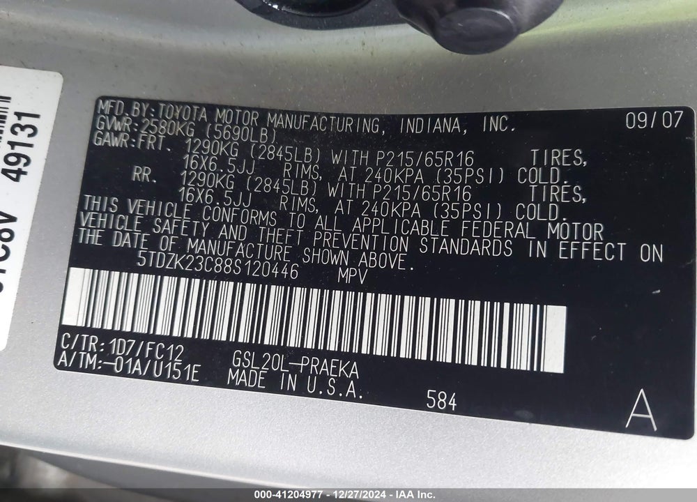 2008 TOYOTA SIENNA LE VIN: 5TDZK23C88S120446