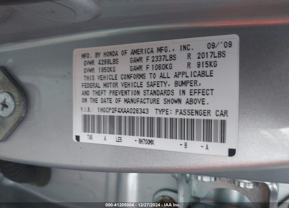 2010 HONDA ACCORD 2.4 LX-P VIN: 1HGCP2F4XAA026343