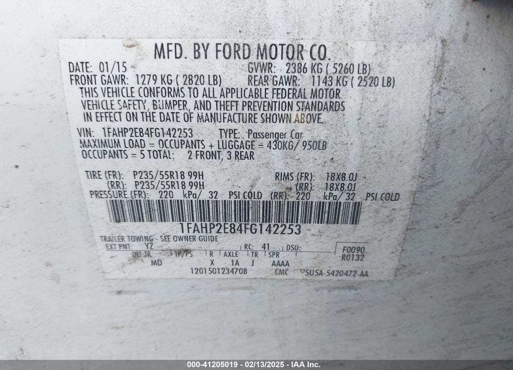 2015 FORD TAURUS VIN: 1FAHP2E84FG142253