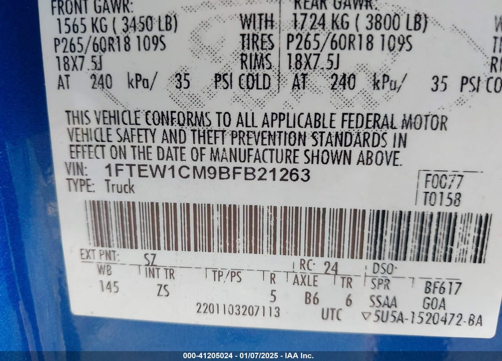 2011 FORD F-150 VIN: 1FTEW1CM9BFB21263