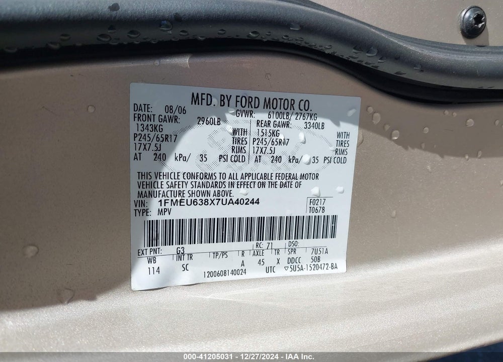 2007 FORD EXPLORER XLT VIN: 1FMEU638X7UA40244