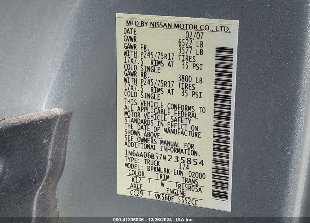 2007 NISSAN TITAN XE VIN: 1N6AA06B57N235854