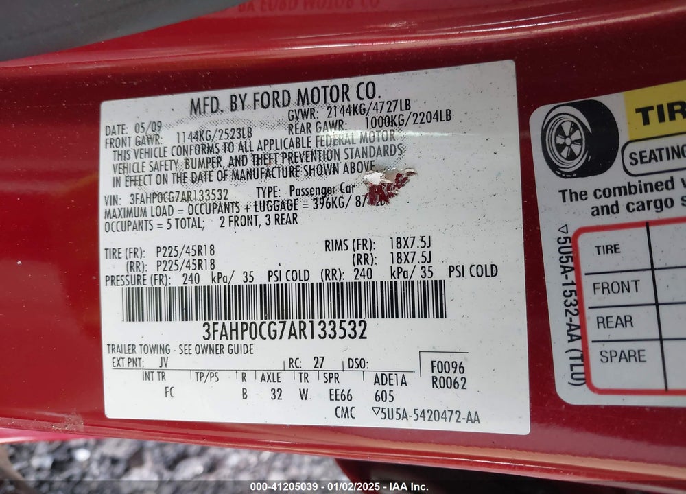 2010 FORD FUSION VIN: 3FAHP0CG7AR133532