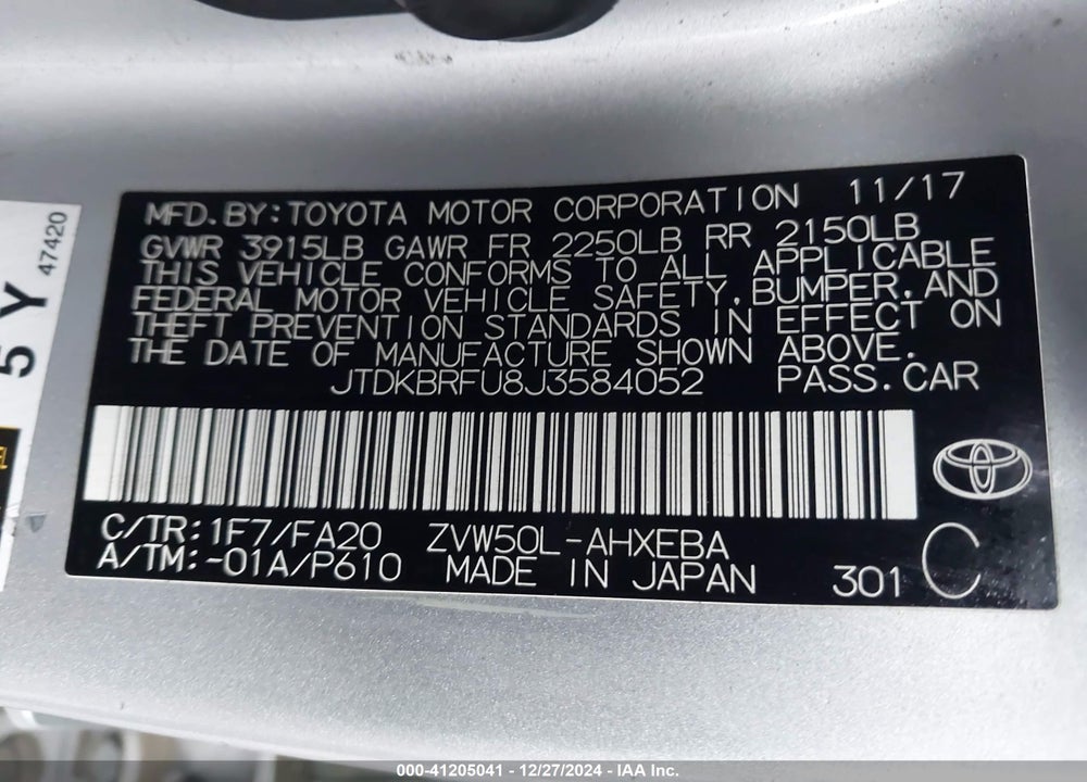 2018 TOYOTA PRIUS VIN: JTDKBRFU8J3584052