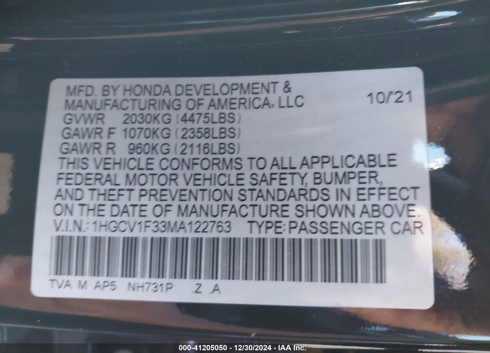 2021 HONDA ACCORD SPORT VIN: 1HGCV1F33MA122763