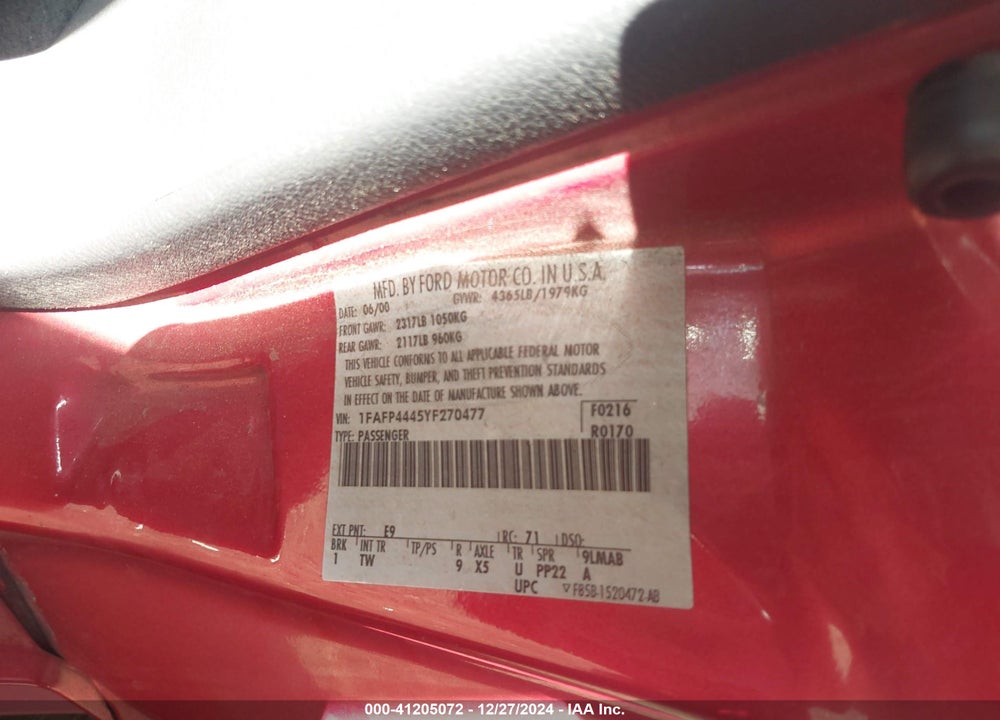 2000 FORD MUSTANG VIN: 1FAFP4445YF270477