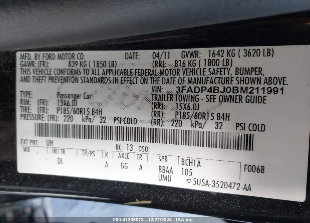 2011 FORD FIESTA SE VIN: 3FADP4BJ0BM211991