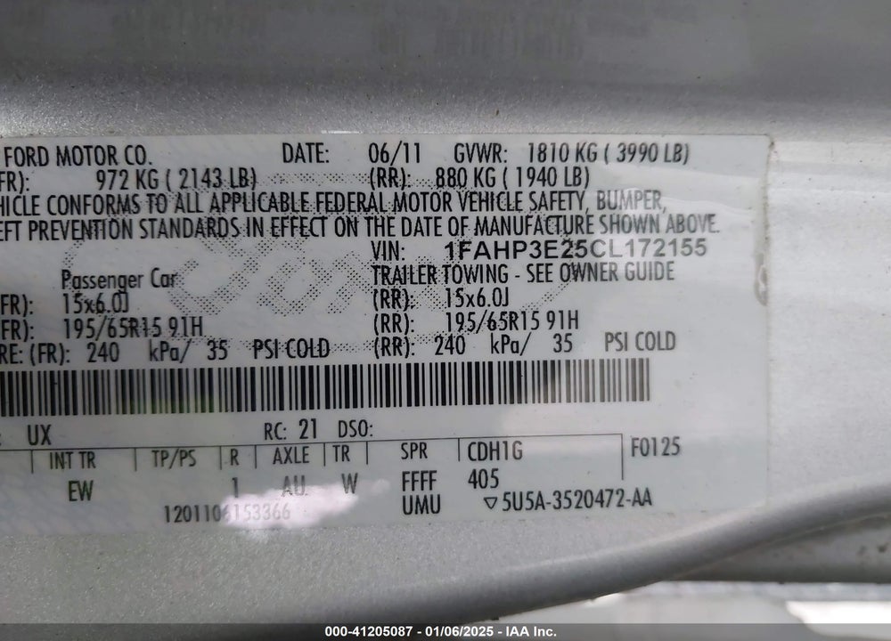 2012 FORD FOCUS VIN: 1FAHP3E25CL172155