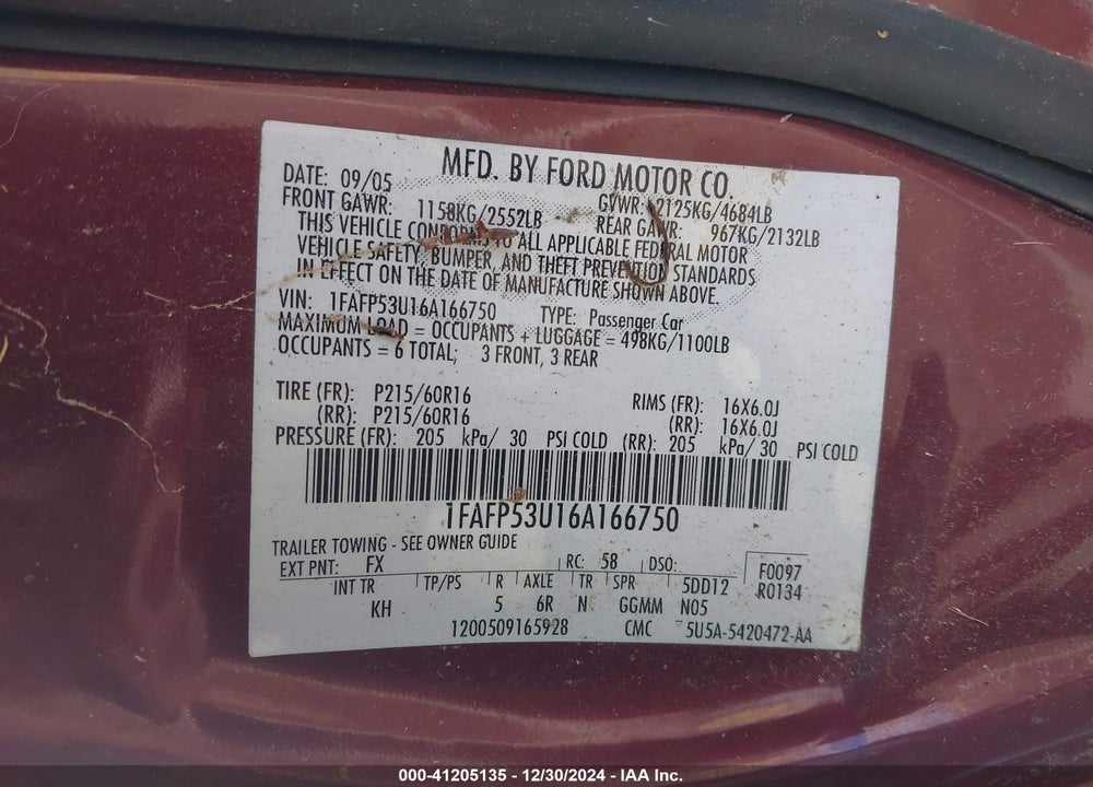 2006 FORD TAURUS SE VIN: 1FAFP53U16A166750