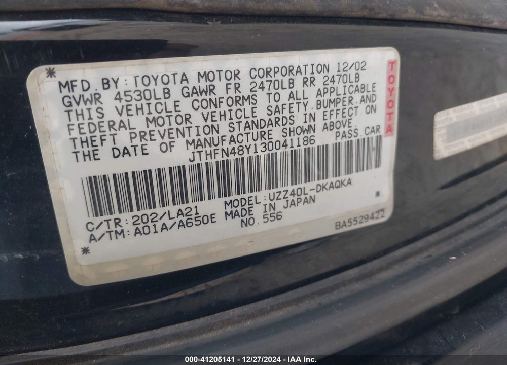 2003 LEXUS SC 430 VIN: JTHFN48Y130041186
