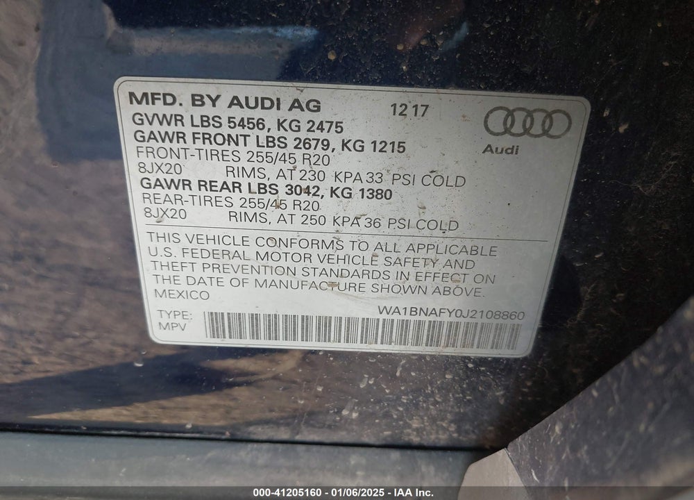 2018 AUDI Q5 2.0T PREMIUM/2.0T TECH PREMIUM VIN: WA1BNAFY0J2108860