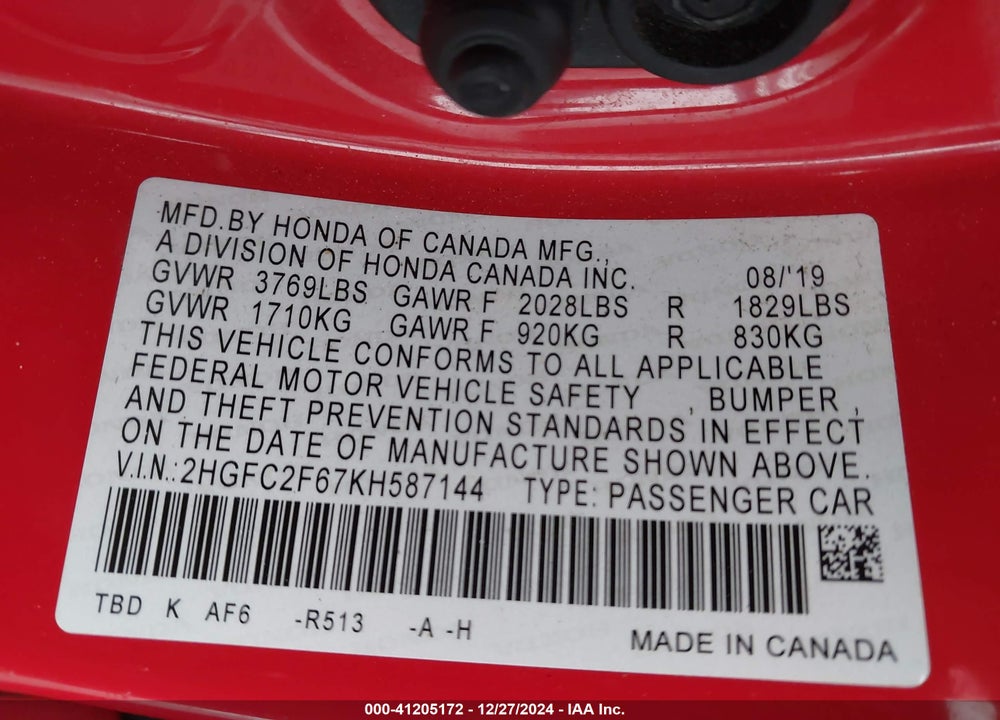 2019 HONDA CIVIC VIN: 2HGFC2F67KH587144