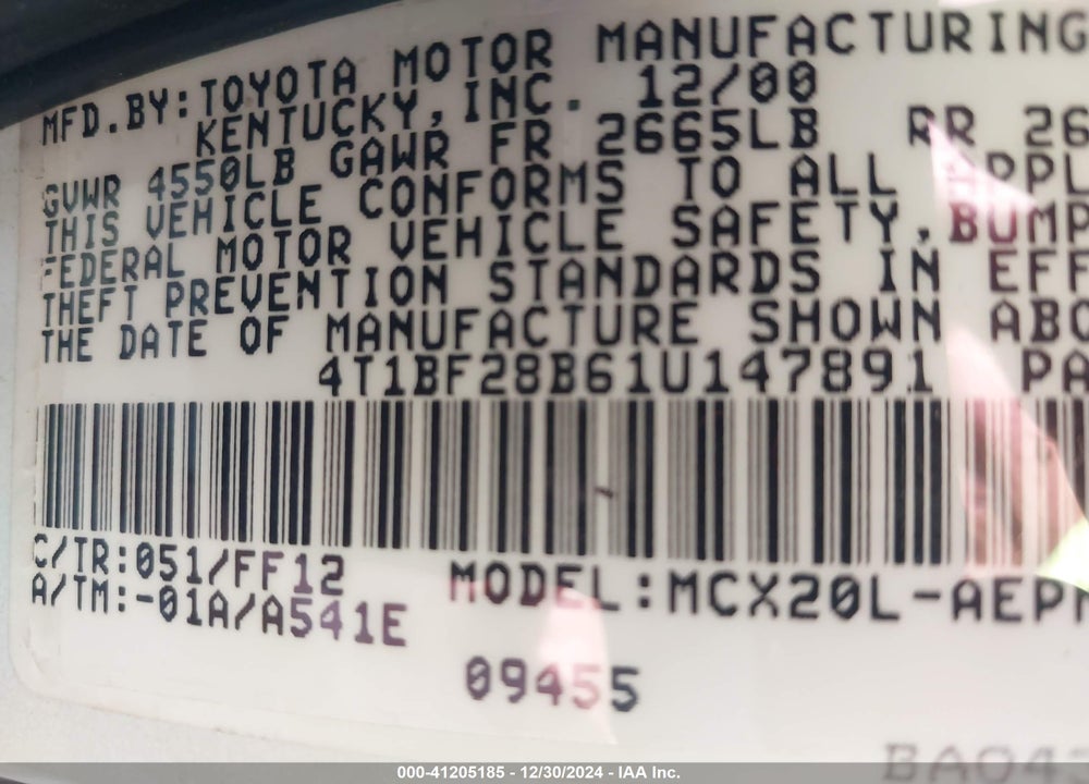 2001 TOYOTA AVALON XL VIN: 4T1BF28B61U147891