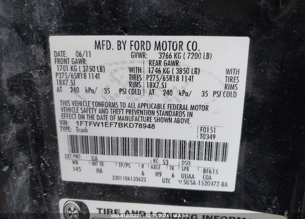 2011 FORD F-150 VIN: 1FTFW1EF7BKD78948