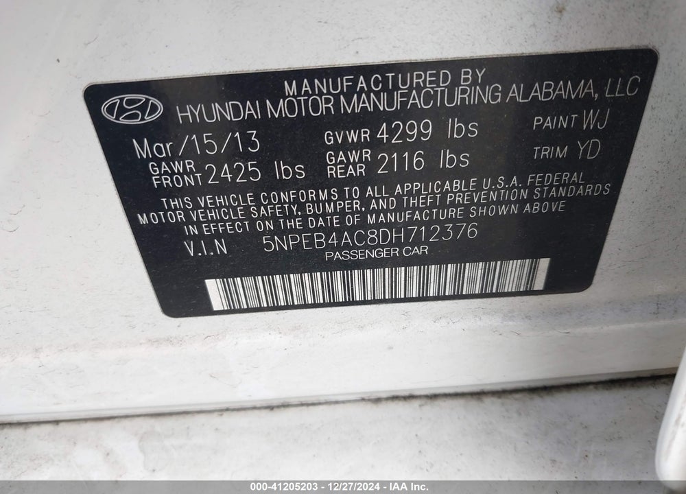 2013 HYUNDAI SONATA VIN: 5NPEB4AC8DH712376