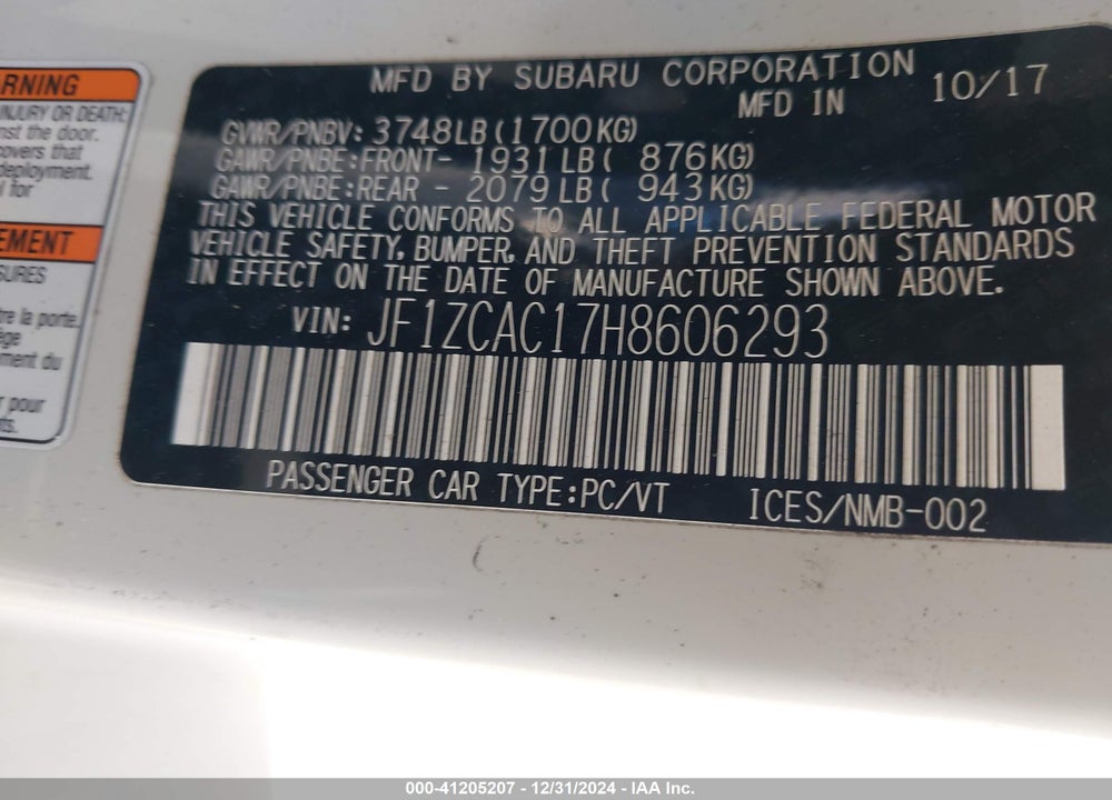 2017 SUBARU BRZ VIN: JF1ZCAC17H8606293