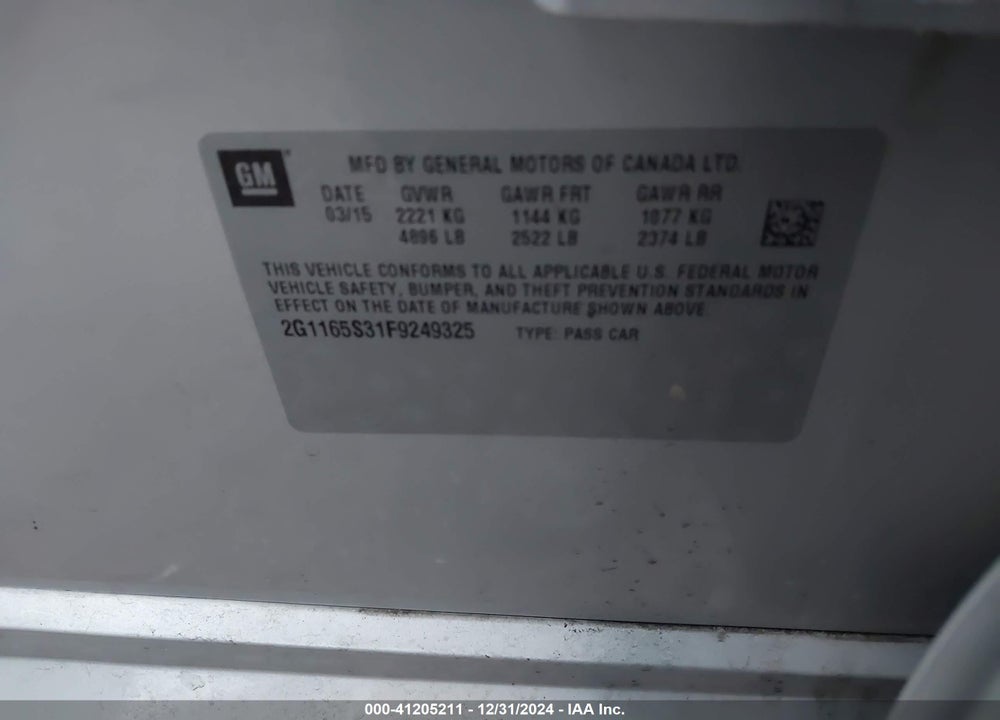 2015 CHEVROLET IMPALA VIN: 2G1165S31F9249325