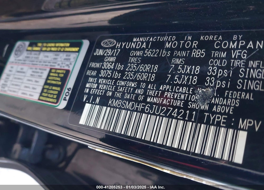 2018 HYUNDAI SANTA FE SE VIN: KM8SMDHF6JU274211