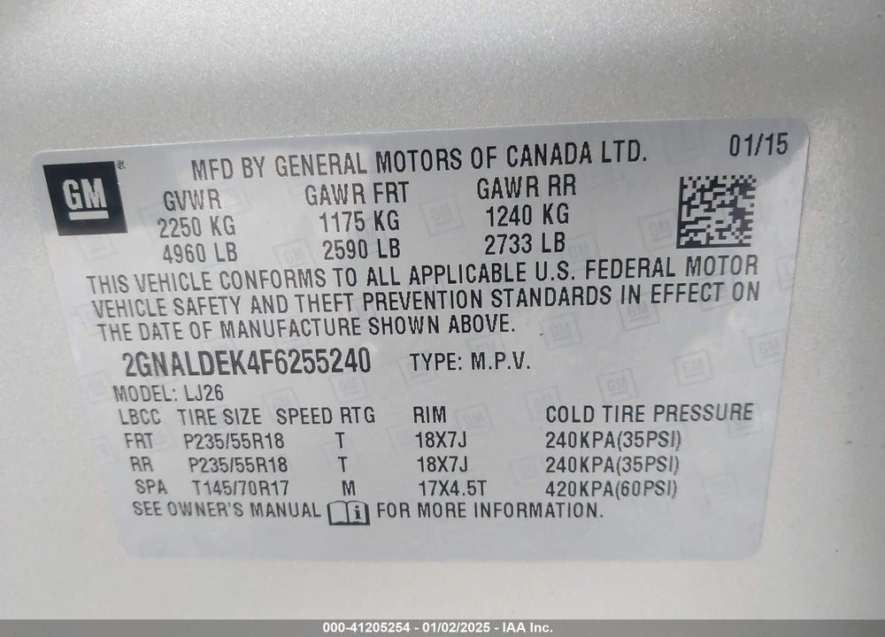 2015 CHEVROLET EQUINOX LTZ VIN: 2GNALDEK4F6255240