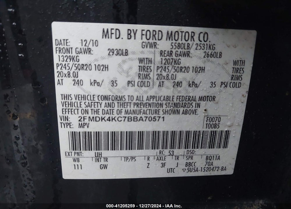 2011 FORD EDGE LIMITED VIN: 2FMDK4KC7BBA70571