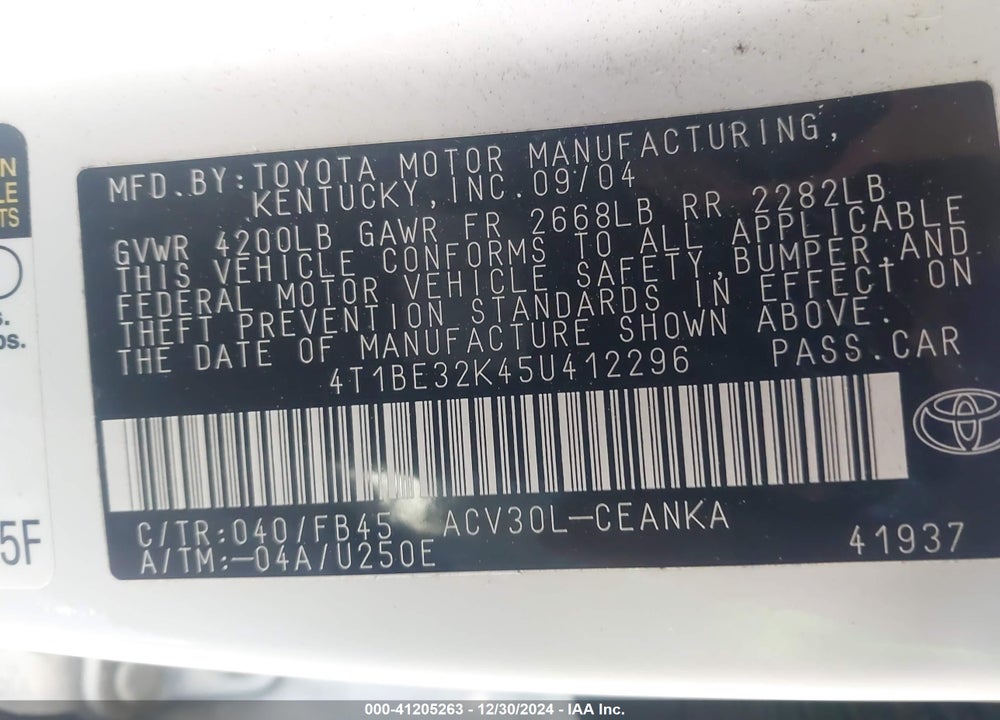 2005 TOYOTA CAMRY LE/XLE/SE VIN: 4T1BE32K45U412296