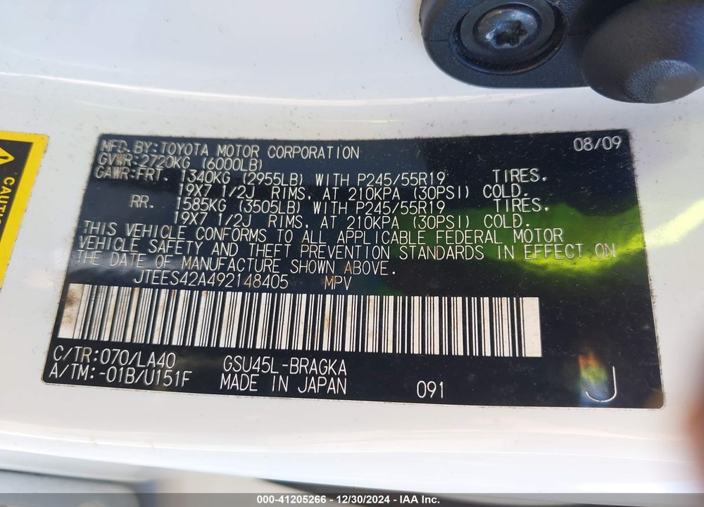 2009 TOYOTA HIGHLANDER LIMITED VIN: JTEES42A492148405