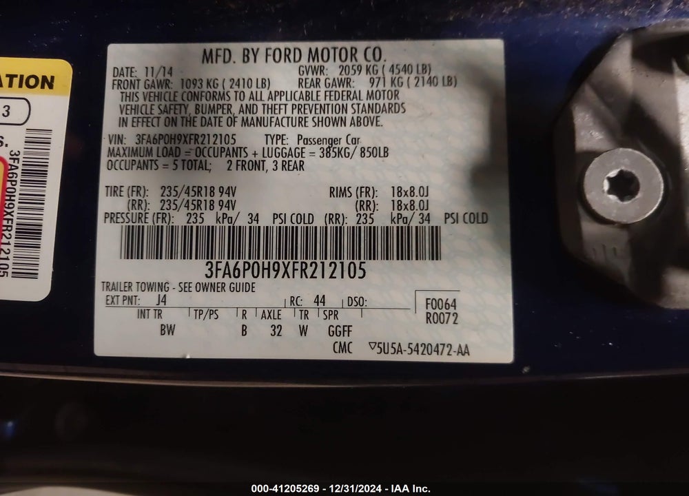 2015 FORD FUSION VIN: 3FA6P0H9XFR212105